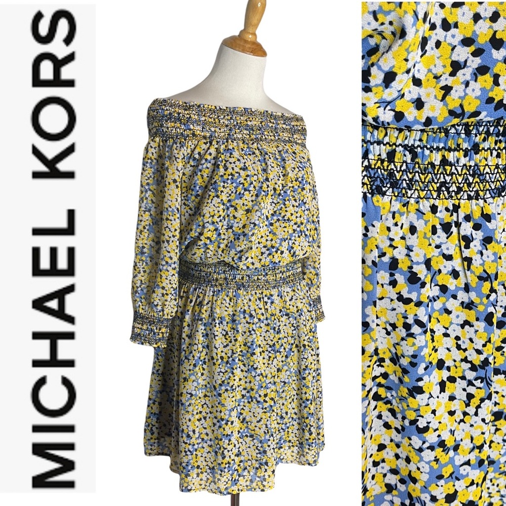 Michael Michael Kors Floral Yellow/Blue Smocked Off The Shoulder Dress Xs/S
